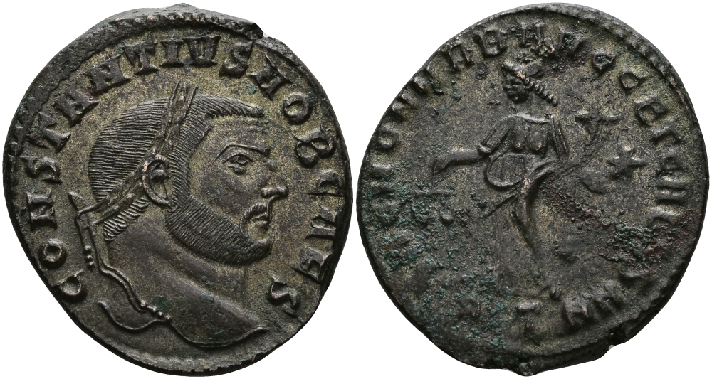 Римская Империя нуммий 302 - 303 Констанций Хлор в ранге цезаря SAC MON VRB AVGG ET CAESS NN Рим Good Very fine RIC 106а бронза, серебрение 1073-7-35