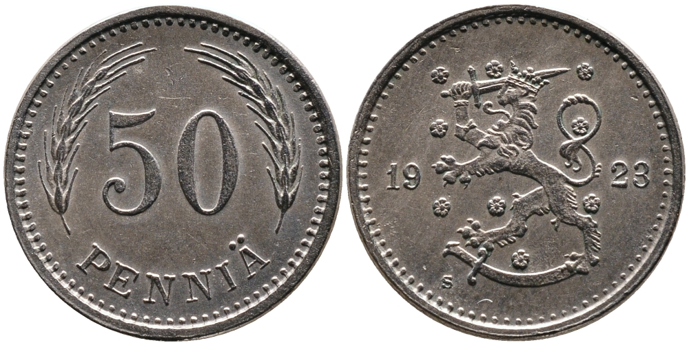 ФИНЛЯНДИЯ 50 ПЕННИ 1923 S KM 26 медно-никель 4387-534