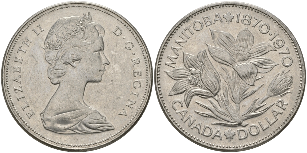 Канада 1 доллар 1970 100 лет со дня присоединения провинции Манитоба (1870-1970) KM 78 никель UNC 97-241