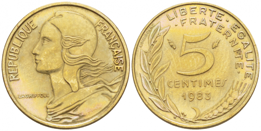 ФРАНЦИЯ 5 САНТИМОВ 1983 ТИП MARIANNE KM 933 медь алюминий никель 112-844