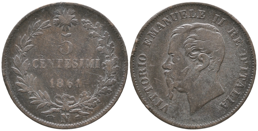 ИТАЛИЯ 5 ЧЕНТЕЗИМО 1861 N, ВИКТОР ИМАНУИЛ II KM 3.3 бронза 34-417