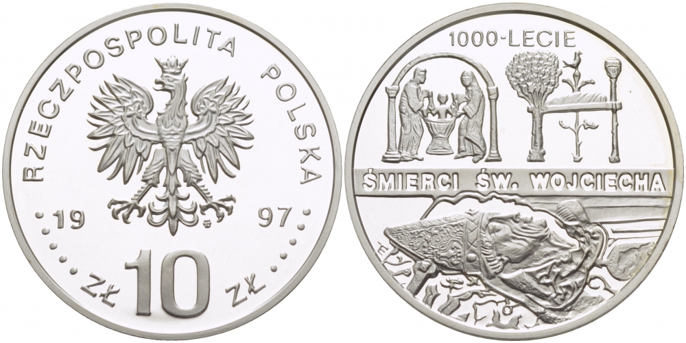 Польша 10 злотых 1997 MW, 1000 летие со дня смерти Святого Адальберта Пражского, тираж 25000 экземпляров KM 321 серебро PROOF 1084-7-35