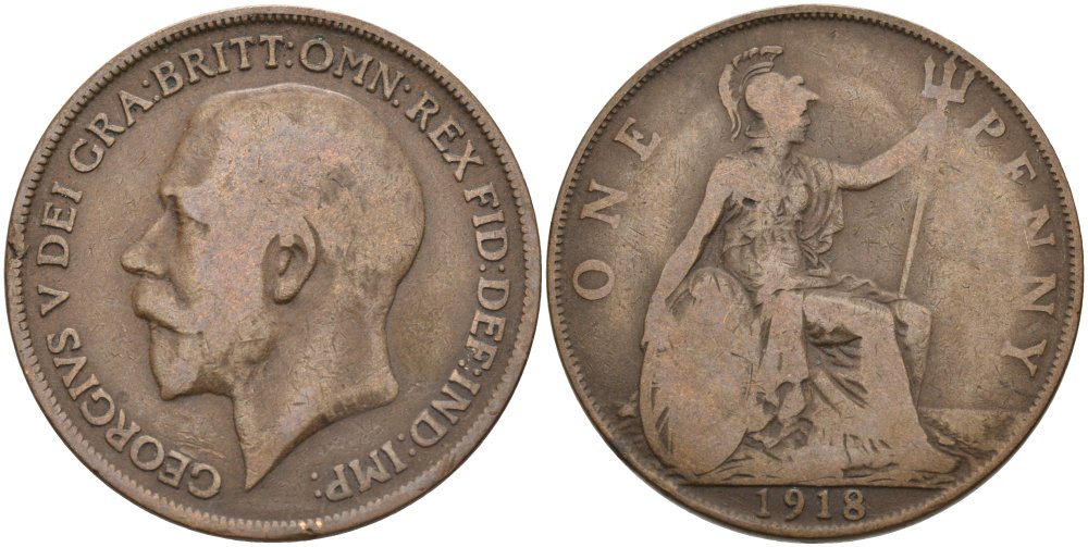 Великобритания 1 пенни 1918 Георг V (1910-1936) KM 810, Spink 4051 бронза 4572-1231