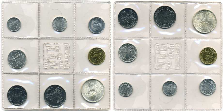 Сан-Марино годовой набор из 8 монет 1974 1, 2, 5, 10, 20, 50, 100 и 500 лир два стилизованных голубя KM 30-37, в оригинальной пластиковой запайке серебро KM MS3 серебро UNC 2-5-1-41