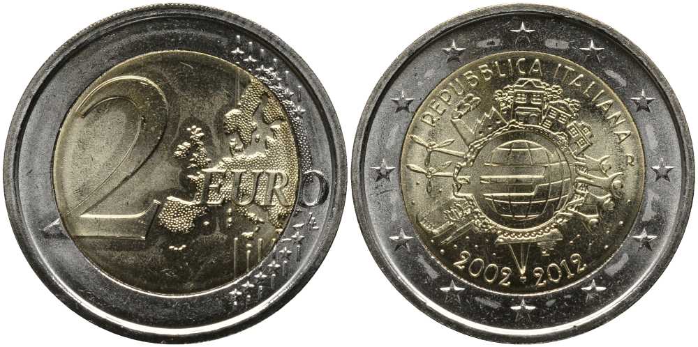 Италия 2 евро 2012 10 лет монетарной политике и наличному евро KM 350 биметалл UNC 115-944