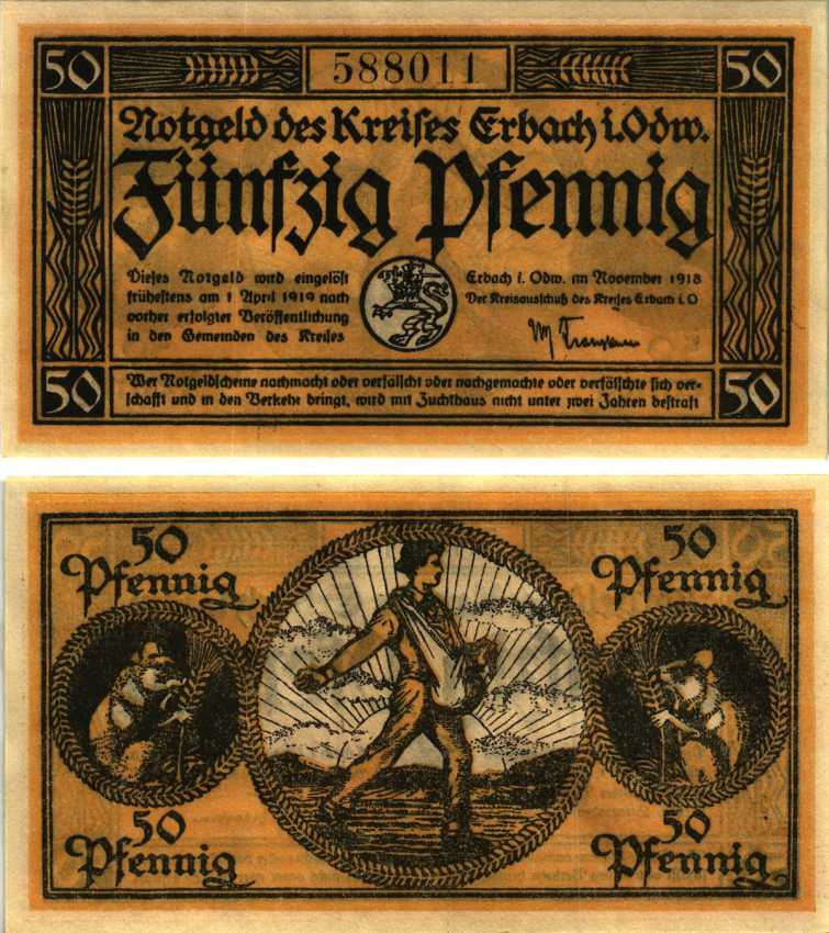 ЭРБАХ ОДЕНВАЛЬД 50 ПФЕННИГОВ 1918 НОТГЕЛЬД, 1918 - 1 АПРЕЛЯ 1919, ЗЕМЛЯ ГЕССЕН Grabowski Е20.1 бумага 6318-47-3-3