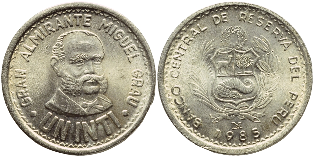Перу 1 инти 1985 LIMA, Мигель Грау KM 296 медно-никель UNC 176-921
