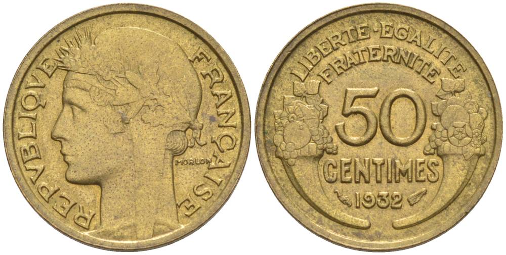 ФРАНЦИЯ 50 САНТИМОВ 1932 ТИП MORLON, CLOSED 9, БЕЗ ЯГОДЫ KM 894.1, LE FRANC 192.7 алюминиевая бронза 44-734