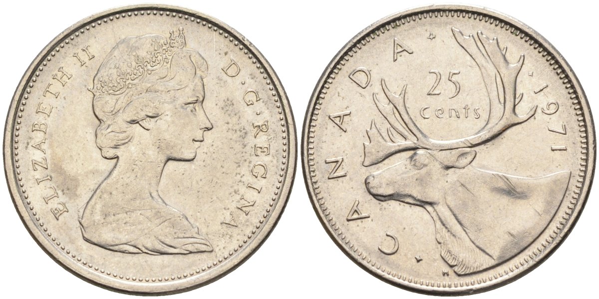 Канада 25 центов 1971 Елизавета II (1952-2022), олень KM 62 b никель 4577-357
