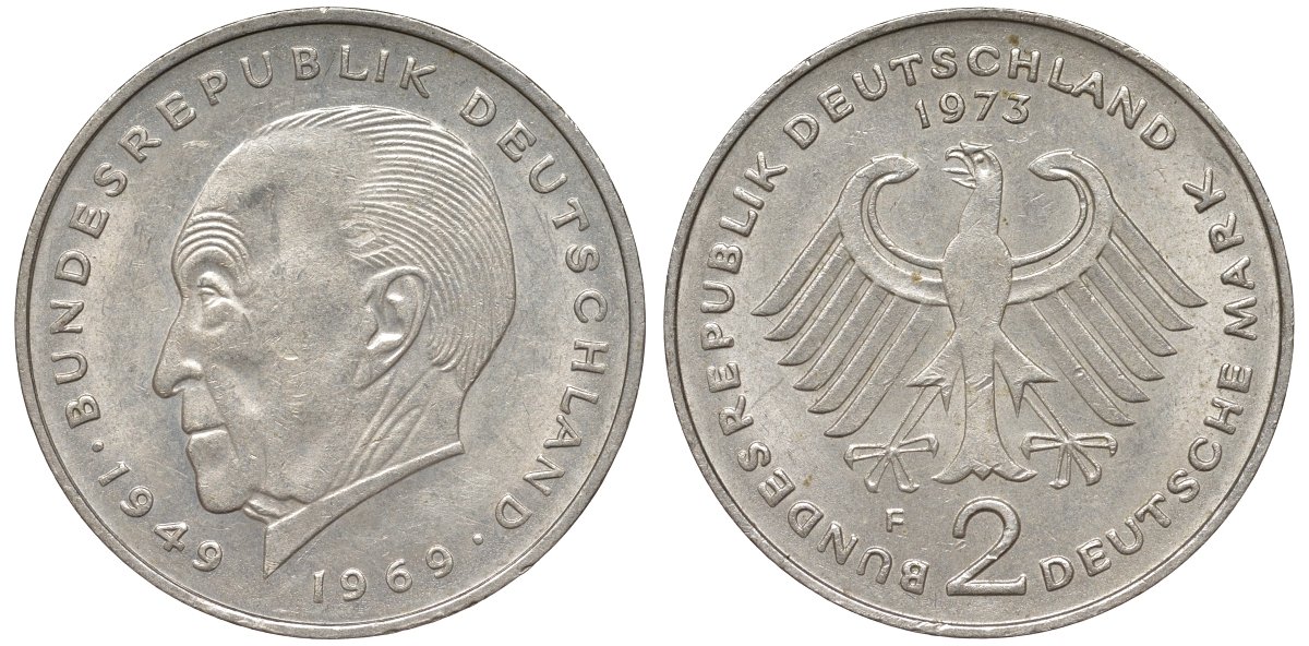 ФРГ 2 марки 1973 F, Теодор Хойс, 20 лет Федеративной Республике (1949-1969) KM A127, J. 407 медно-никель плакированный никелем 4137-1021