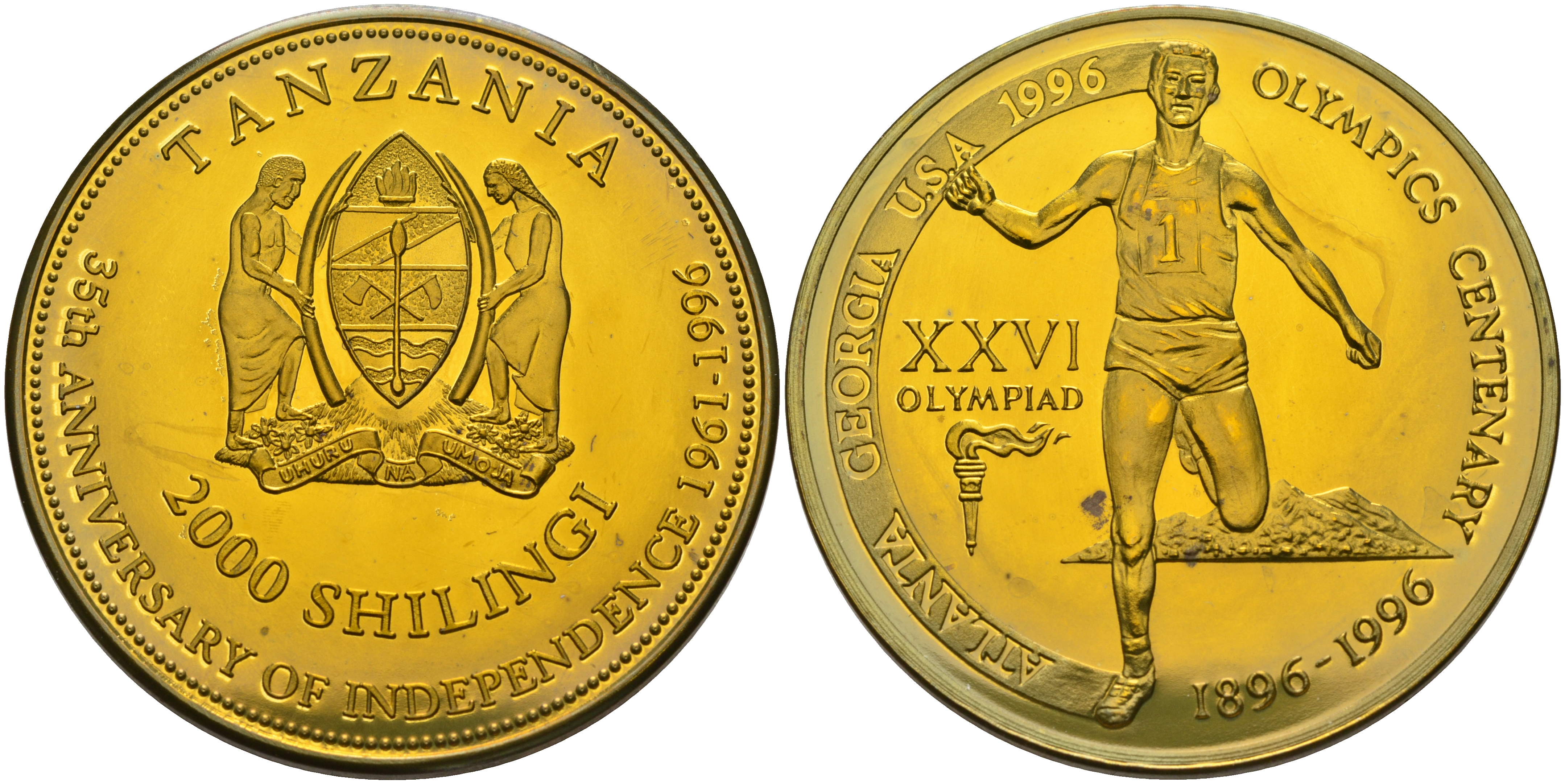 Танзания 2000 шиллингов 1996 XXVI Олимпийские игры 1996 года в Атланте, 100 лет Олимпийскому движению, финиш пробник, гладкий гурт латунь PROOF 06-156-25