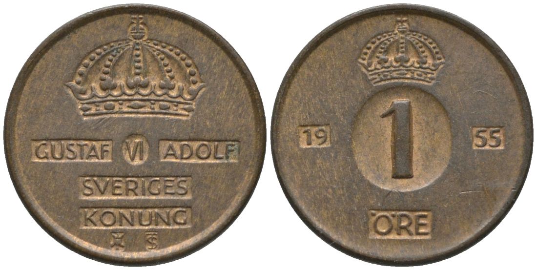 Швеция 1 эре 1955 TS, Густав VI Адольф (1950-1973) KM 820 бронза 54-929