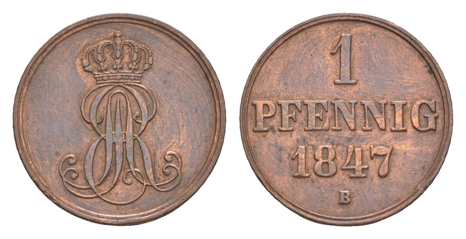 Ганновер 1 пфенниг 1847 B, Эрнст Август I (1837-1851) KM 201.1, AKS 129, J. 74 медь    4658-1052