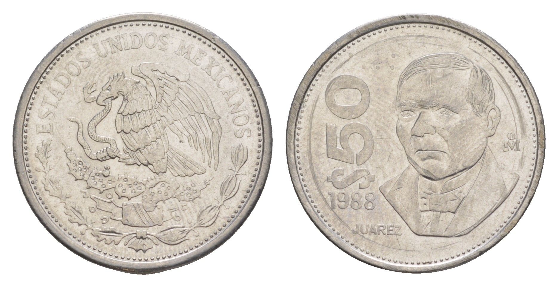 Мексика 50 песо 1988 Mo, новый тип, гурт гладкий KM 495a нержавеющая сталь aUNC 4637-746