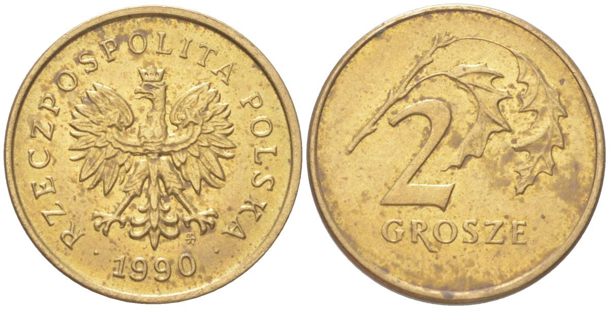 Польша 2 гроша 1990 Y 277 марганец латунь UNC 4614-259