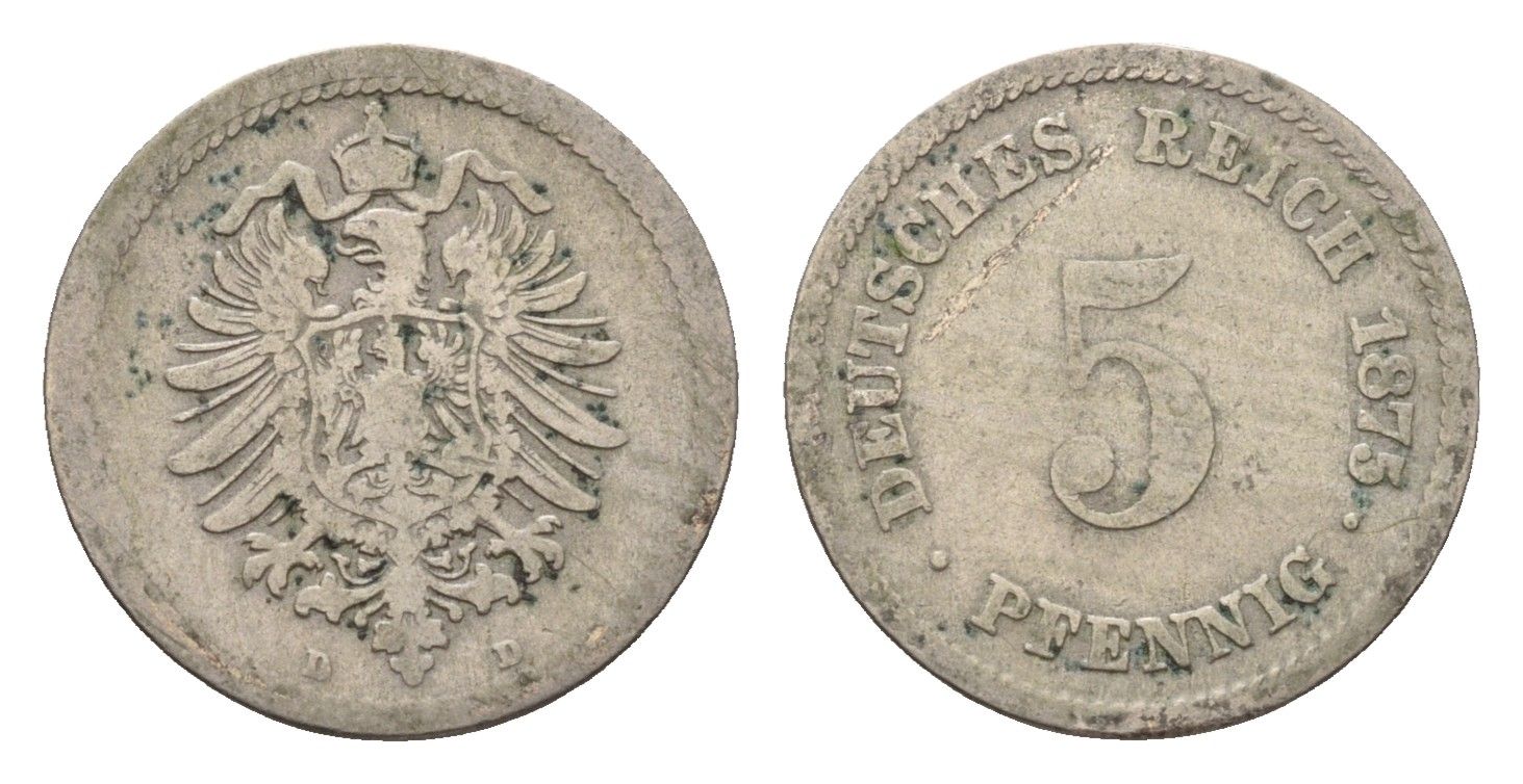 Германия 5 пфеннигов 1875 D, Вильгельм I (1871-1888) KM 3, J. 3 медно-никель 4632-614