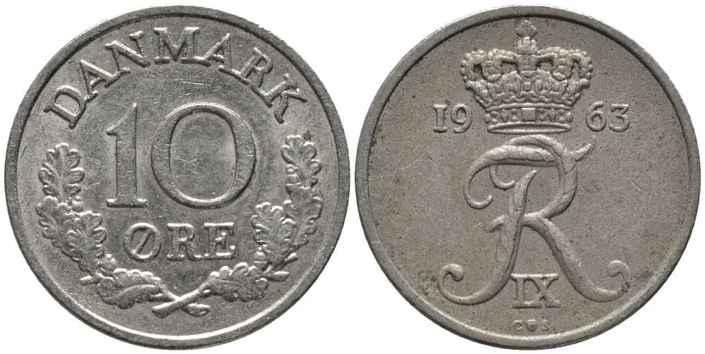 ДАНИЯ 10 ЭРЕ 1963 C; S, ФРЕДЕРИК IX (1947-1972) KM 841.3 медно-никель 116-222