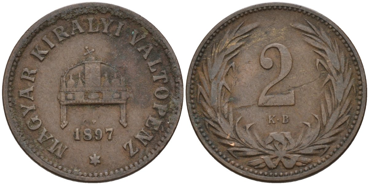 Венгрия 2 филлера 1897 KB, Франц Иосиф I (1848-1916) KM 481 бронза 4151-935