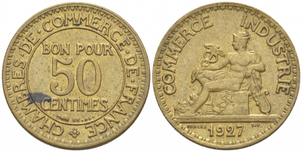 ФРАНЦИЯ 50 САНТИМОВ 1927 ТИП CHAMBRES DE COMMERCE KM 834, LE FRANC 191.10 алюминиевая бронза 3309-1028