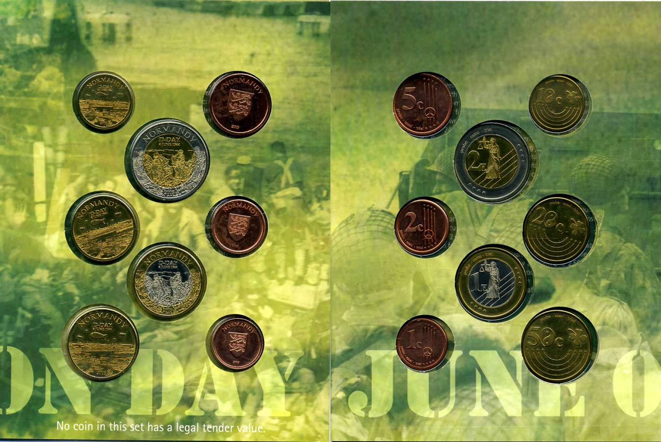 Франция, Нормандия набор из 8 монет 2005 1 евроцент-2 евро, европробники, в оригинальном буклете, D-DAY UNC 00-00