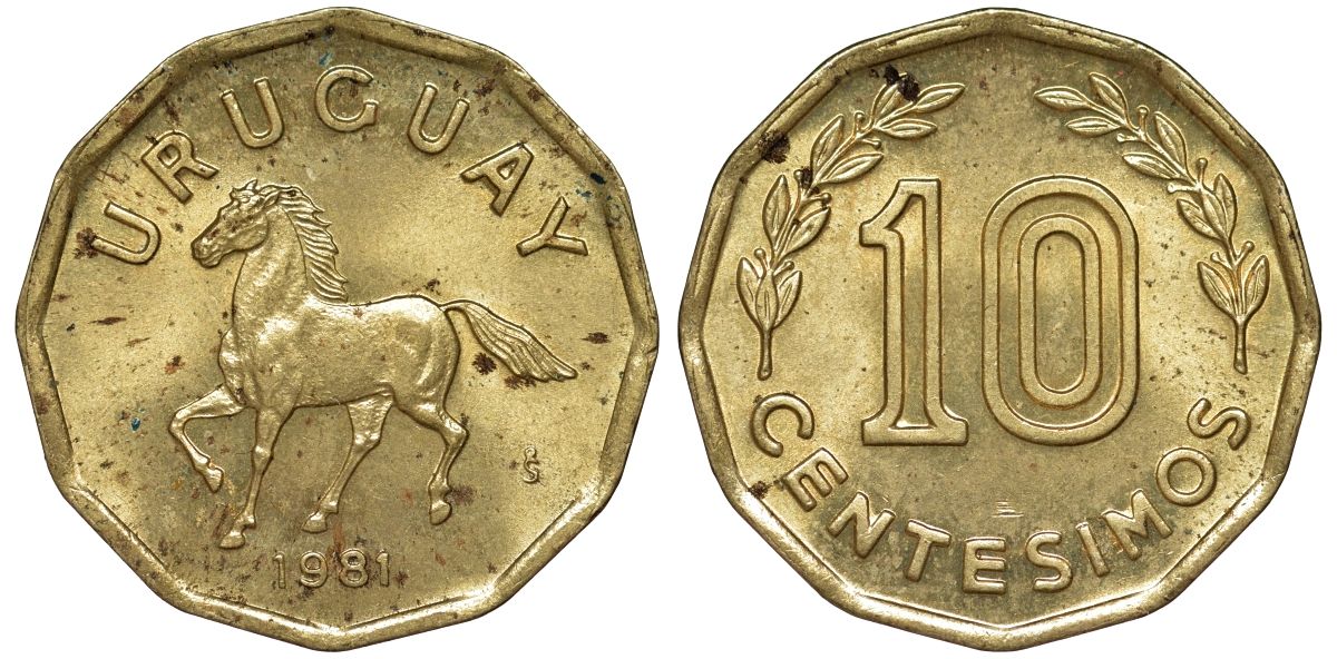 Уругвай 10 сентесимо 1981 KM 66 алюминиевая бронза 4169-468