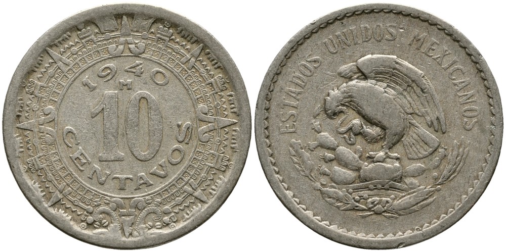 МЕКСИКА 10 СЕНТАВО 1940 Мо KM 132 медно-никель 119-116