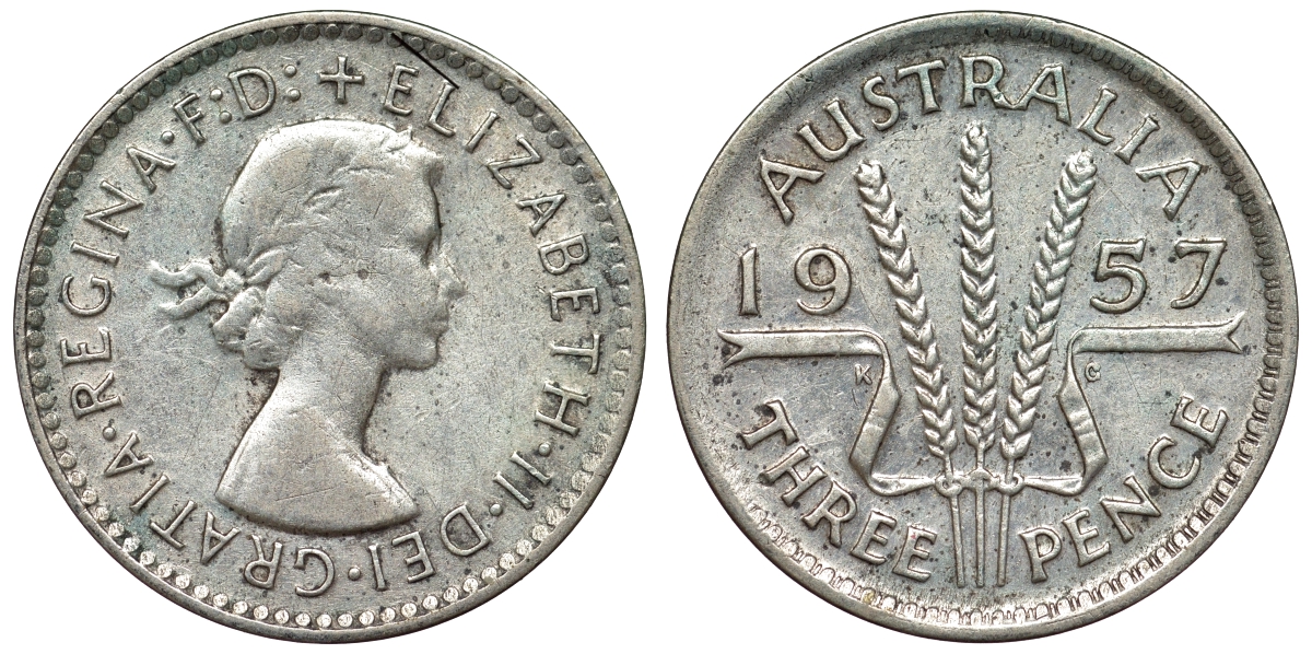 Австралия 3 пенса 1957 m, Елизавета II (1952-2022) KM 57 серебро 71-548