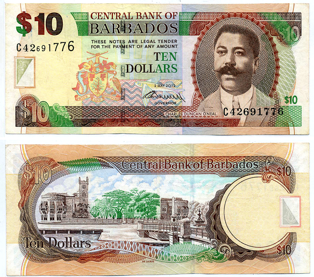 БАРБАДОС 10 ДОЛЛАРОВ 2012 2 МАЯ 2012, ЧАРЛЬЗ ДУНКАН ОНИЛ Pick 68с бумага UNC (ПРЕСС) 2197-9-2-2