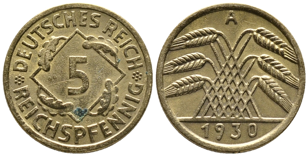ГЕРМАНИЯ 5 РЕЙХСПФЕННИГОВ 1930 A KM 39, J. 316 алюминиевая бронза 39-564