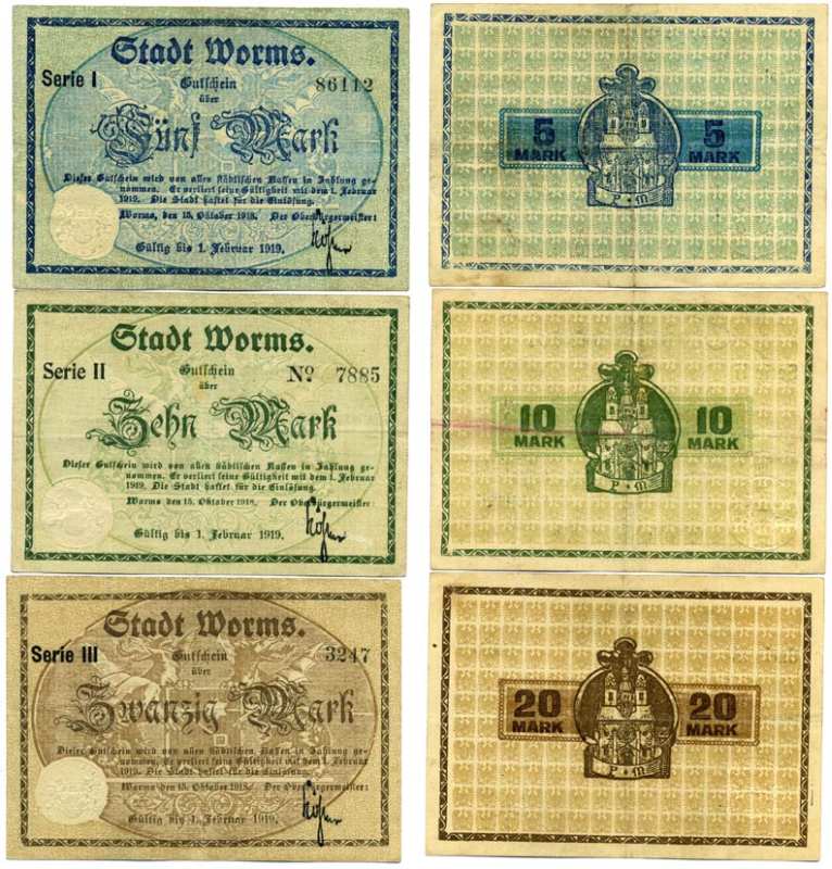 ВОРМС, ГЕРМАНИЯ НАБОР ИЗ 3 БАНКНОТ 1918-1919 15 ОКТЯБРЯ 1918 - 1 ФЕВРАЛЯ 1919, НОТГЕЛЬД, ЗЕМЛЯ РЕЙЛЯНД-ПФАЛЬЦ (5, 10, 20 МАРОК) Geiger 569.01а, 569.02а, 569.03а бумага 8613-17-1-2