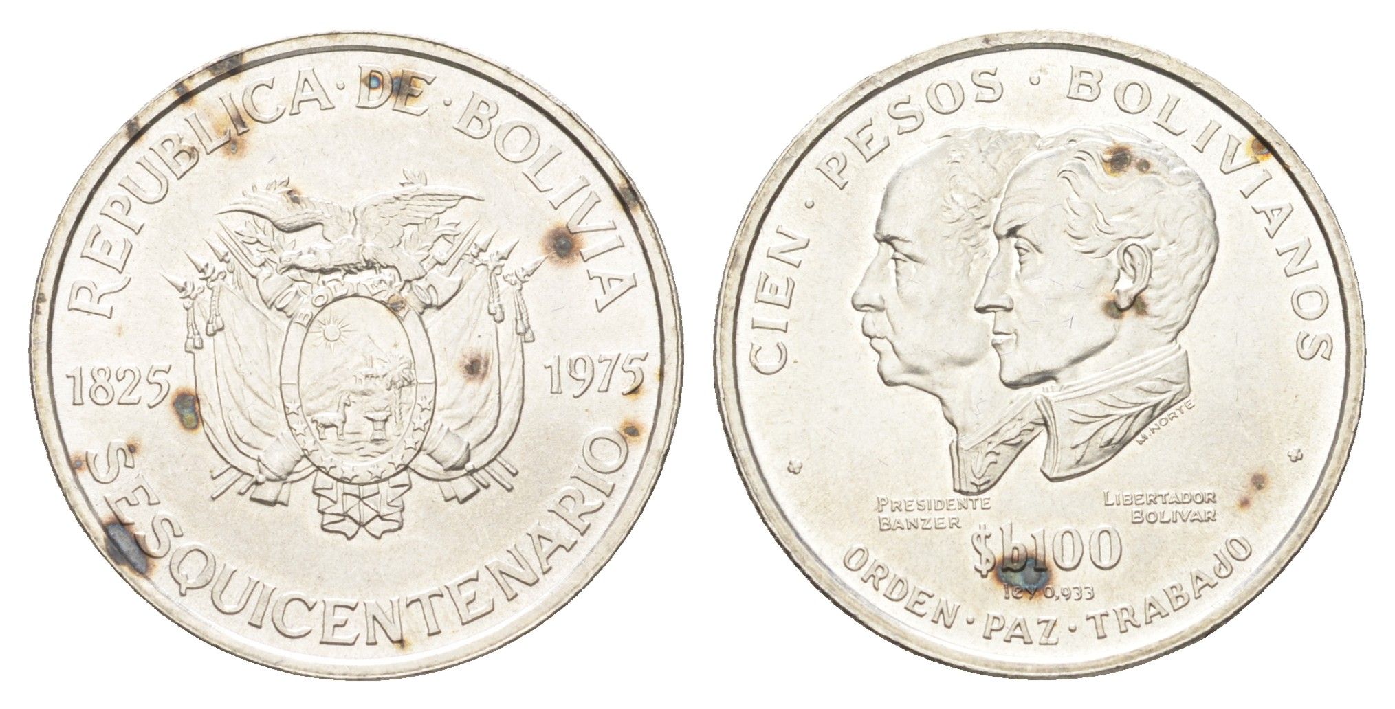 Боливия 100 песо 1975 150 лет Независимости KM 194 серебро BU 5010-2022