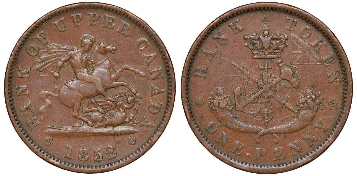 Канада 1 пенни 1852 банка Верхней Канады, Upper Canada CCT PC-6B, Breton His 719, KM Tn3 медь 1531-214