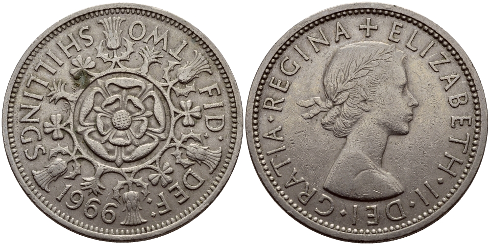 Великобритания 2 шиллинга (флорин) 1966 Елизавета II (1952-2022) KM 906, Spink 4146 медно-никель 83-1836