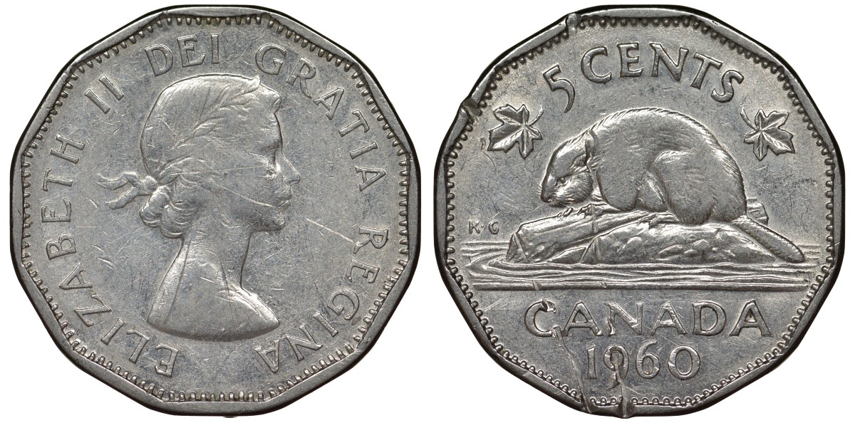 Канада 5 центов 1960 бобр, Елизавета II (1952-) KM 50а никель 4128-544