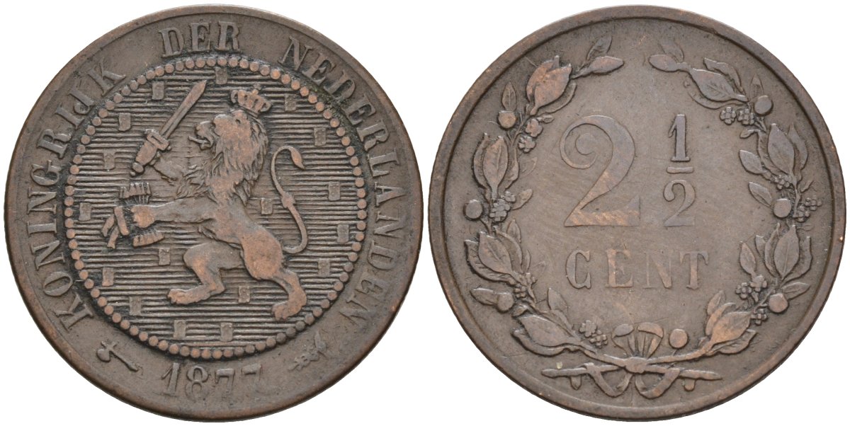 Нидерланды 2 1/2 цента 1877 Виллем III (1849-1890) KM 108 бронза 4575-914