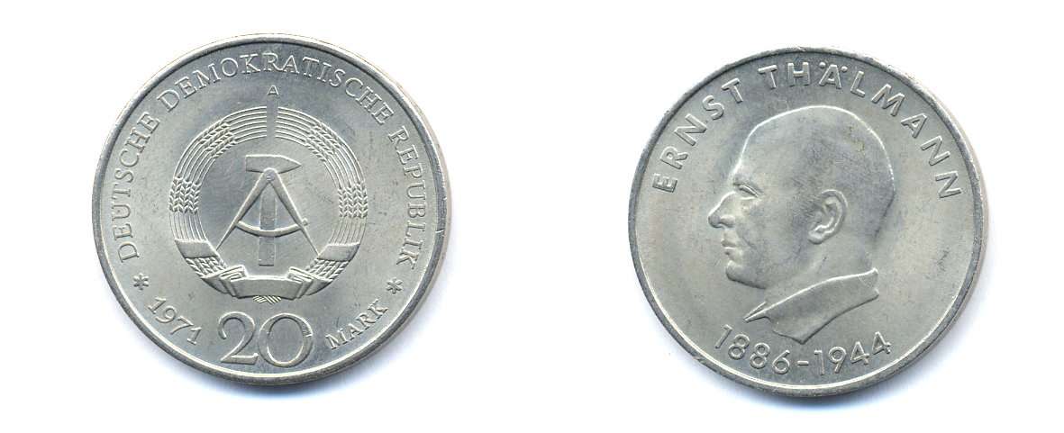 ГДР 20 марок 1971 A, 85 лет со дня рождения Эрнста Тельмана KM 34, J. 1535 медно-никель 3333-613