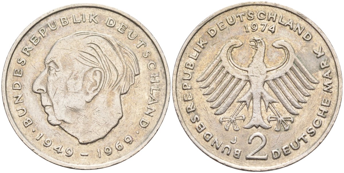 ФРГ 2 марки 1974 J , Теодор Хойс, 20 лет Федеративной Республике (1949-1969) KM A127, J. 407 медно-никель плакированный никелем 4139-212