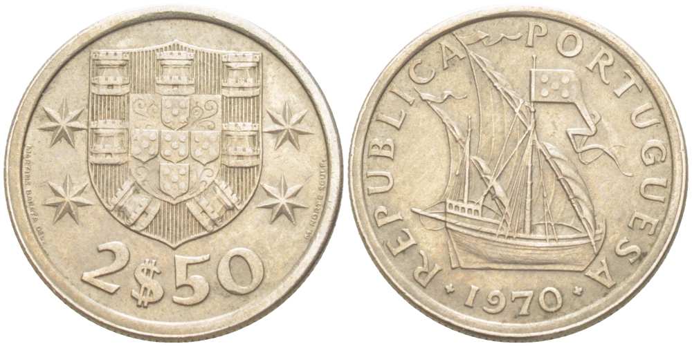 ПОРТУГАЛИЯ 2,5 ЭСКУДО 1970 ПАРУСНИК KM 590 медно-никель XF 4513-1137