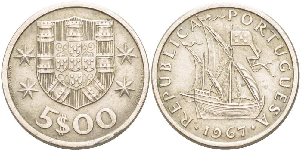 ПОРТУГАЛИЯ 5 ЭСКУДО 1967 ПАРУСНИК KM 591 медно-никель 4513-1042
