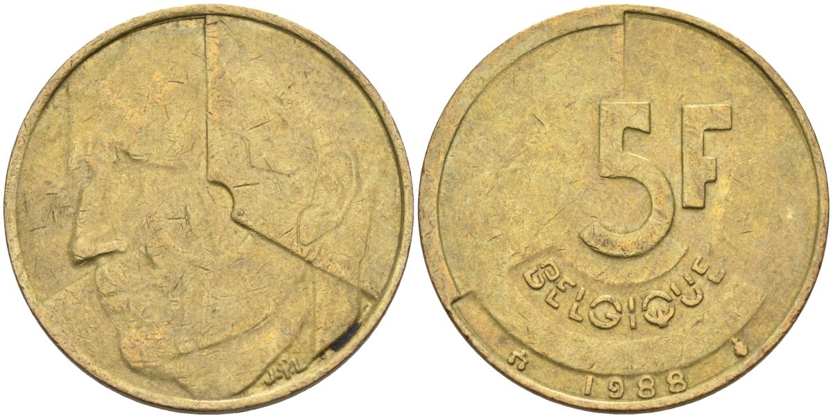 Бельгия 5 франков 1988 Belgique KM 163 алюминиевая бронза 4126-241