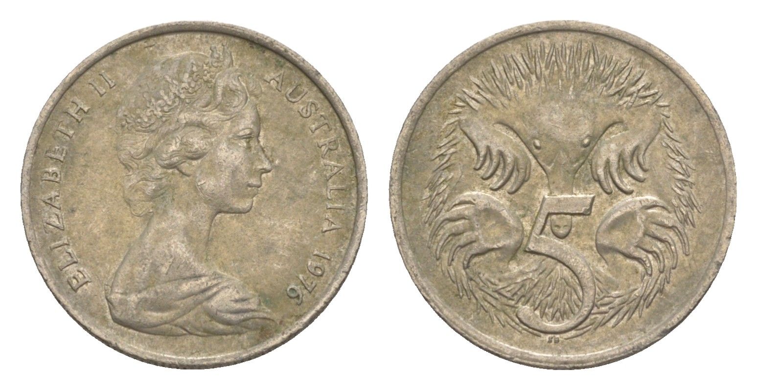 Австралия 5 центов 1976 Елизавета II (1952-2022) молодой портрет, ехидна KM 64 медно-никель 4152-226