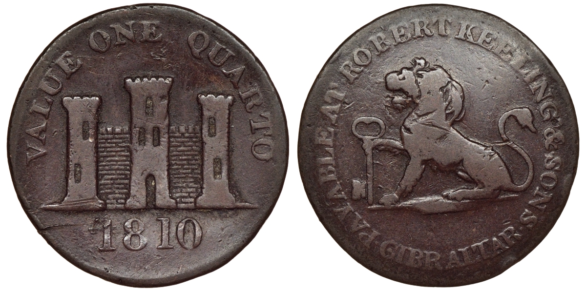 Гибралтар 1/4 пенни 1810 токен, Роберт Килинг и сыновья KM Tn 3.2 медь 441-1131