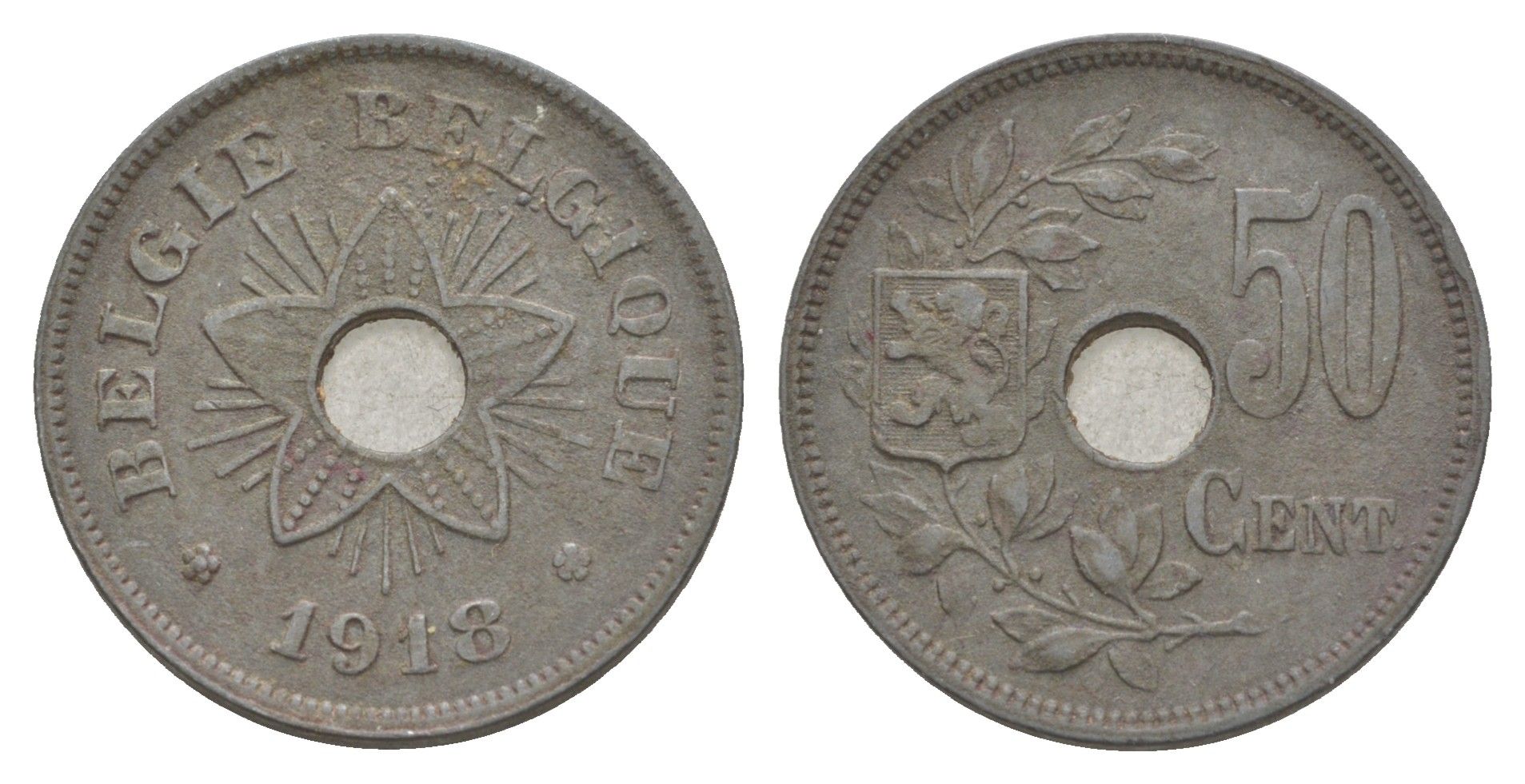 Бельгия 50 сантимов 1918 германская оккупация Первая мировая война, Альберт I (1909-1934) KM 83 цинк 4156-1057