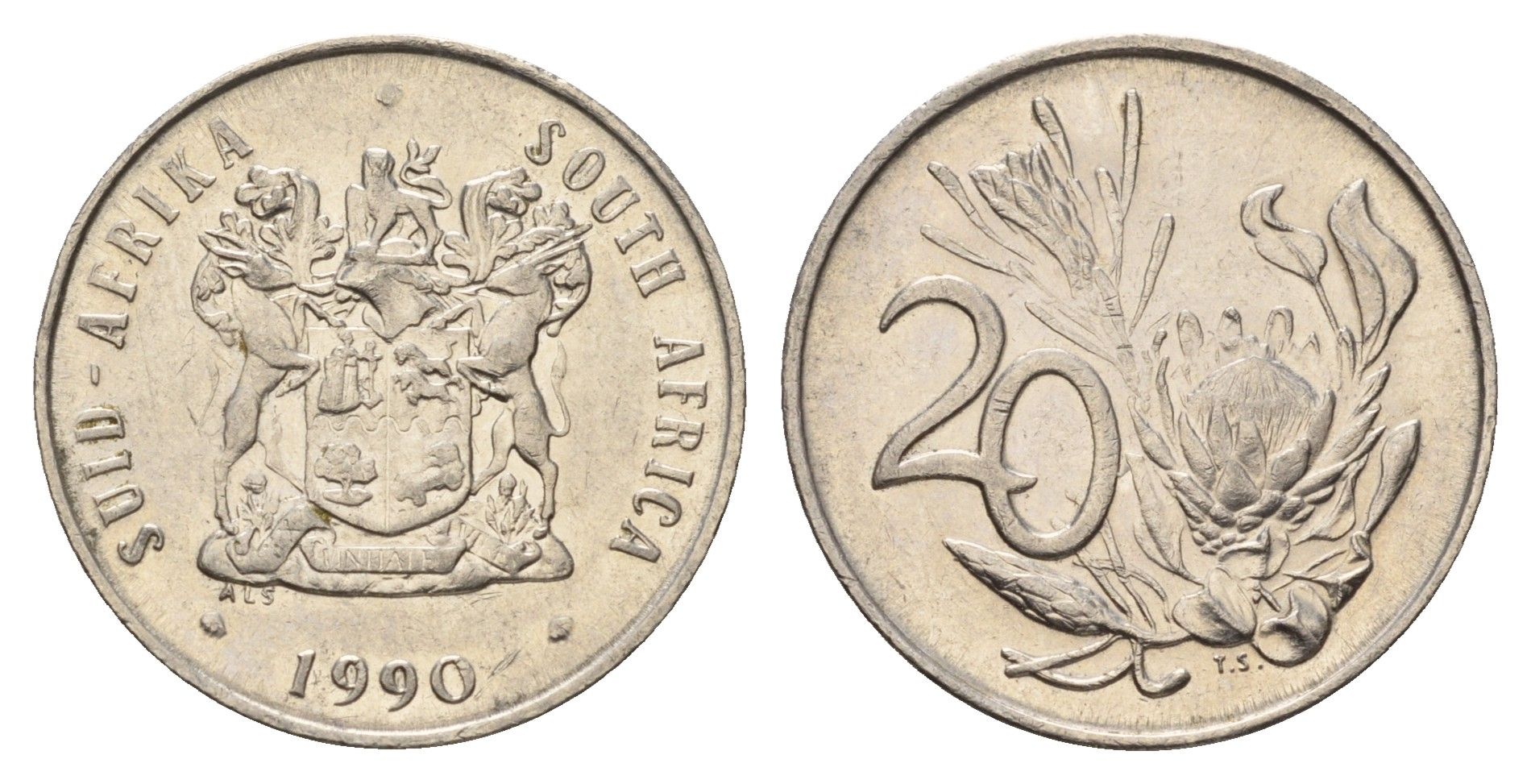 ЮАР 20 центов 1990 герб, цветок протея KM 86 никель 4660-955