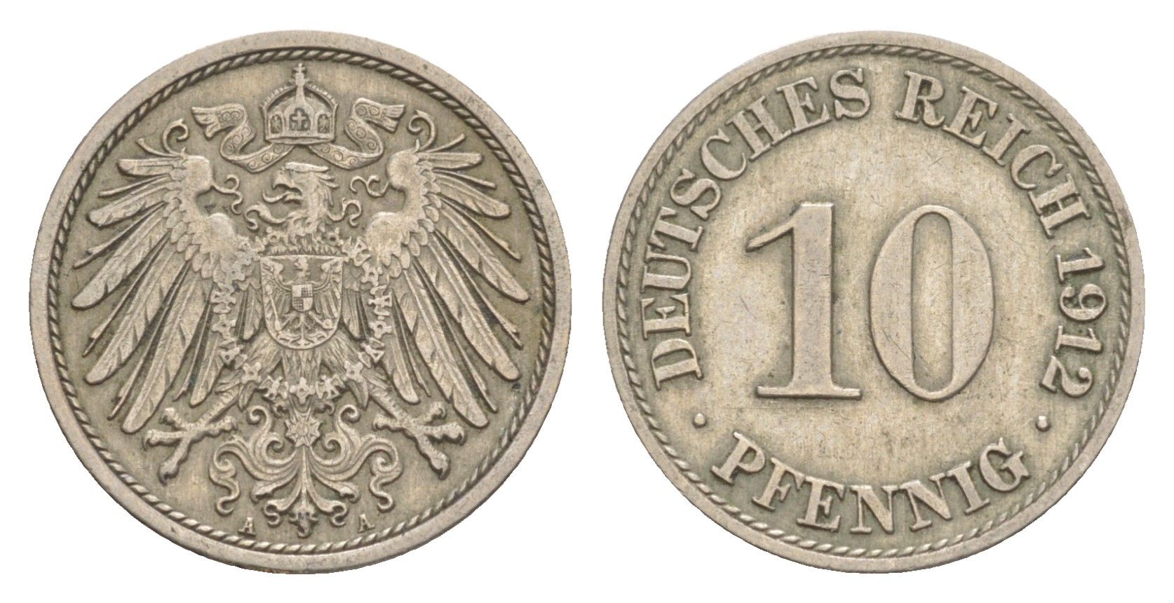 Германия 10 пфеннигов 1912 A, Вильгельм II (1888-1918) KM 12, J. 13 медно-никель 4640-322