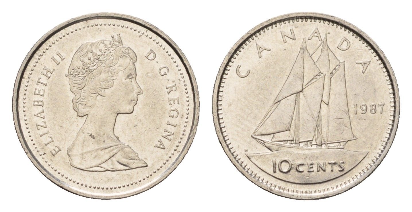 Канада 10 центов 1987 Елизавета II (1952-2022), парусник KM 77 никель 4689-556