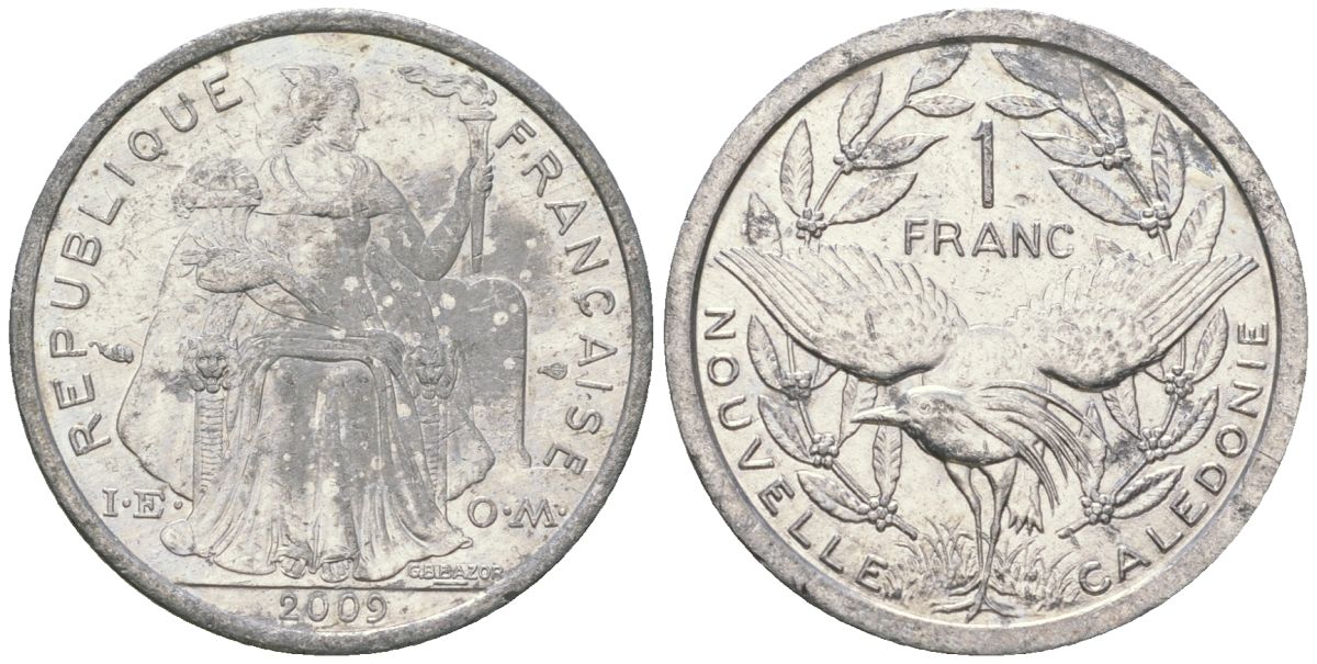 Французская Новая Каледония 1 франк 2009 птица кагу, (IEOM) KM 10, Schoen 10 алюминий 55-1151