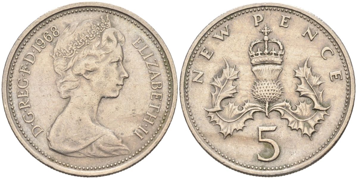 Великобритания 5 пенсов 1968 Елизавета II (1952-2022) KM 911, Spink 4233 (D1) медно-никель 4116-753