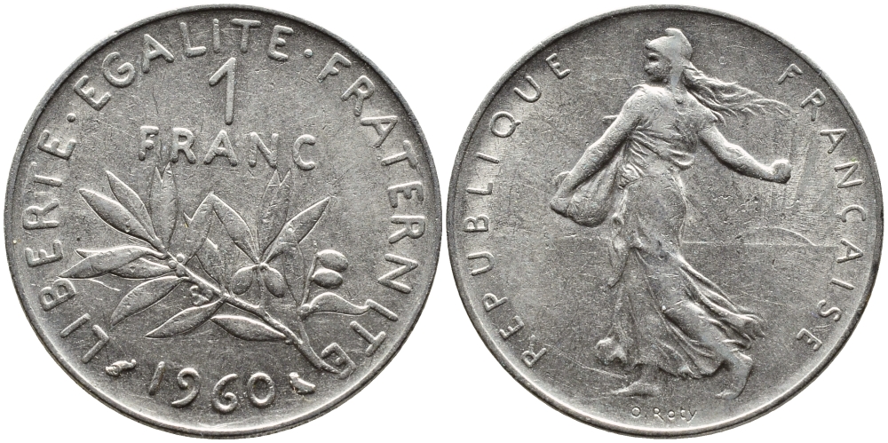 ФРАНЦИЯ 1 ФРАНК 1960 СЕЯТЕЛЬ KM 925.1, LE FRANC 226.4 никель 4393-214