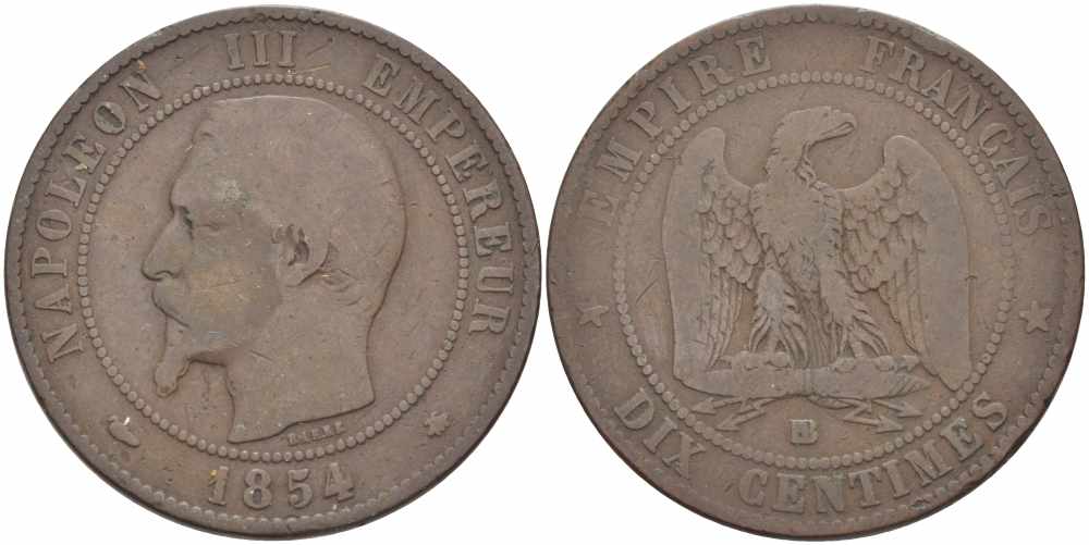 ФРАНЦИЯ 10 САНТИМОВ 1854 BB, НАПОЛЕОН III (1852-1870) KM 771.3, LE FRANC 133.12 бронза 38-1024